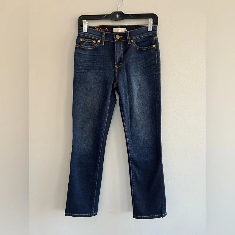Tory Burch Pardon My French Mid-Rise Straight-Leg Denim Jean, Dark Blue Wash, 24